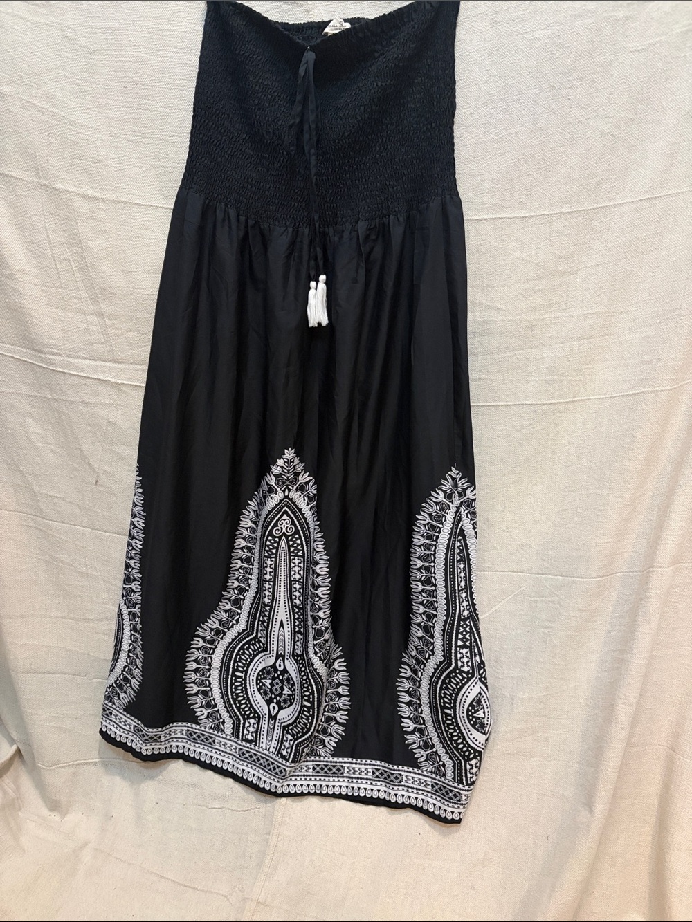 Black Maxi Dress with White Border Print and Tassel Waist